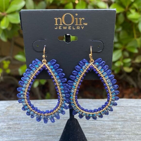 Noir Jewelry Fringe Rafia Blue Tear Drop Dangle Earrings NWOT Western Boho Party - Picture 1 of 5